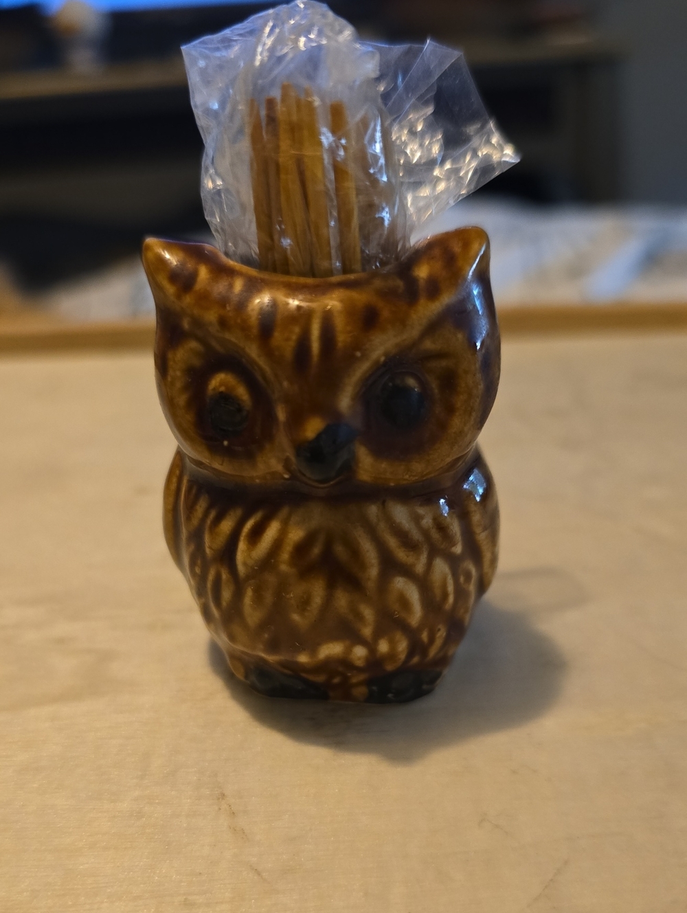 Vintage Brown Ceramic Owl Toothpick Holder